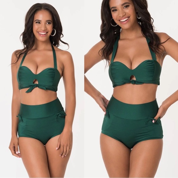 Unique Vintage • emerald green bikini swimsuit high waisted retro halter neck
